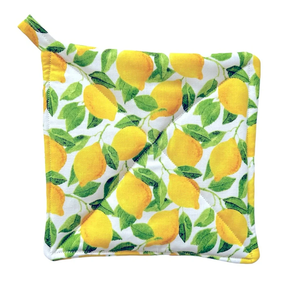 Hand Crafted Colorful Yellow Lemons Fabric Cotton Pot Holders or Hot Mats Trivet